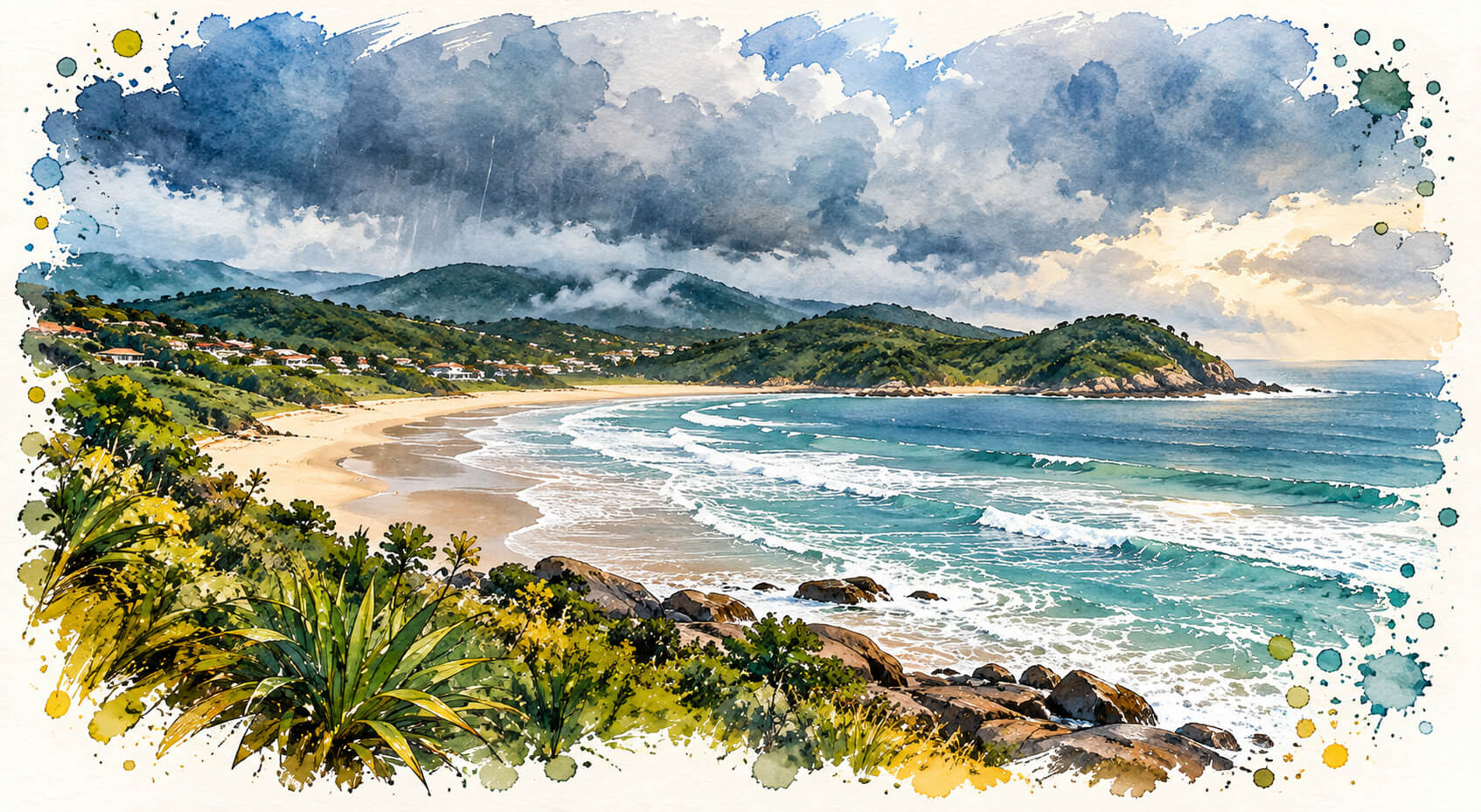 Praia do Rosa en un día de lluvia, con mar, colinas verdes y cielo nublado
