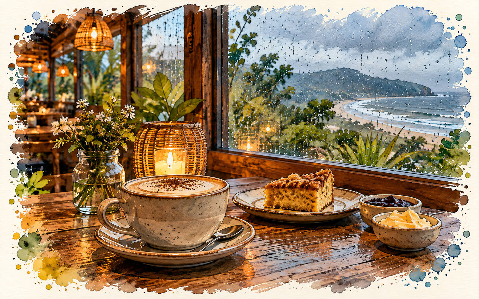 Café caliente y ambiente acogedor para un día de lluvia en Praia do Rosa