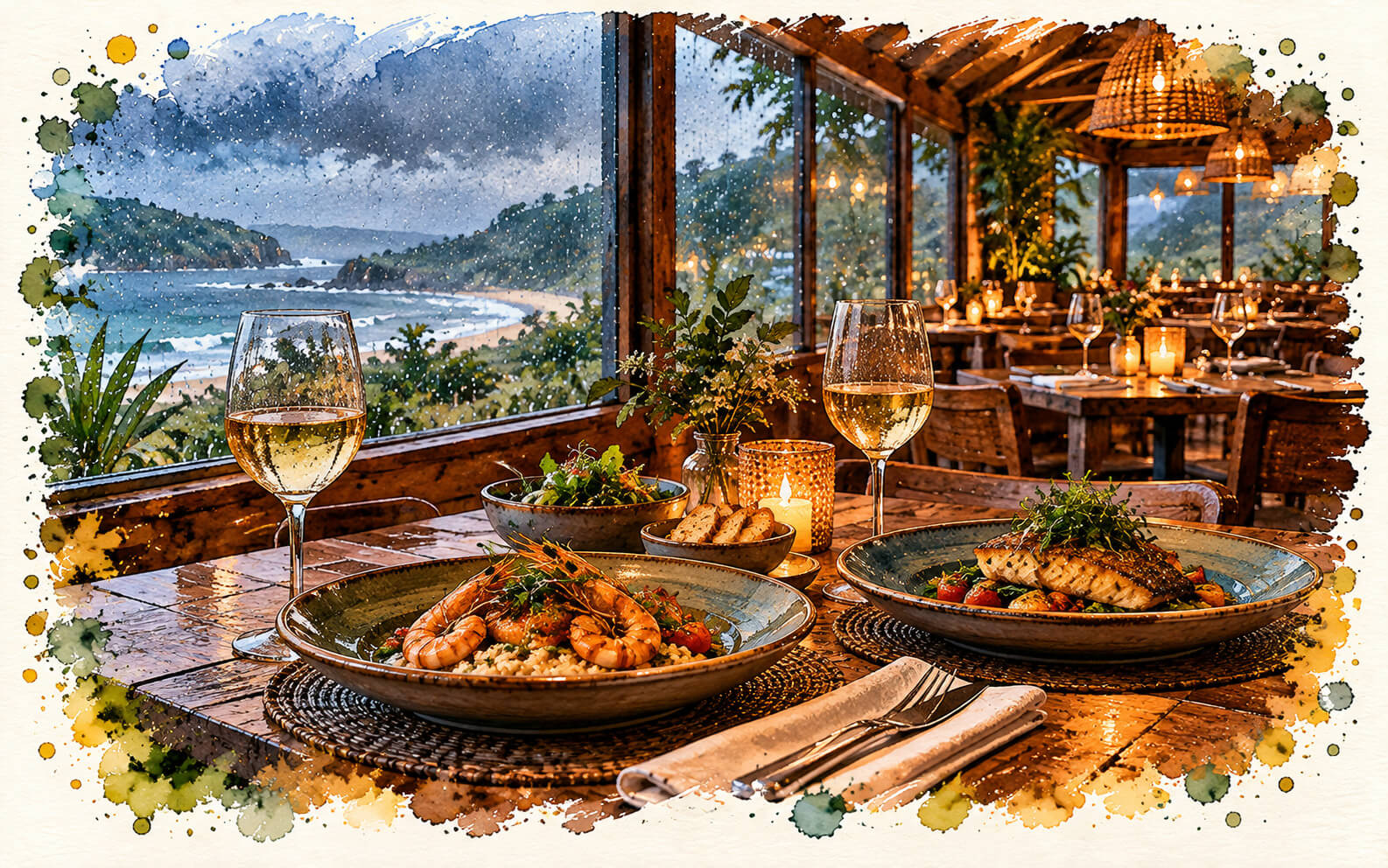 Ambiente acogedor de un restaurante para almorzar o cenar en un día de lluvia en Praia do Rosa