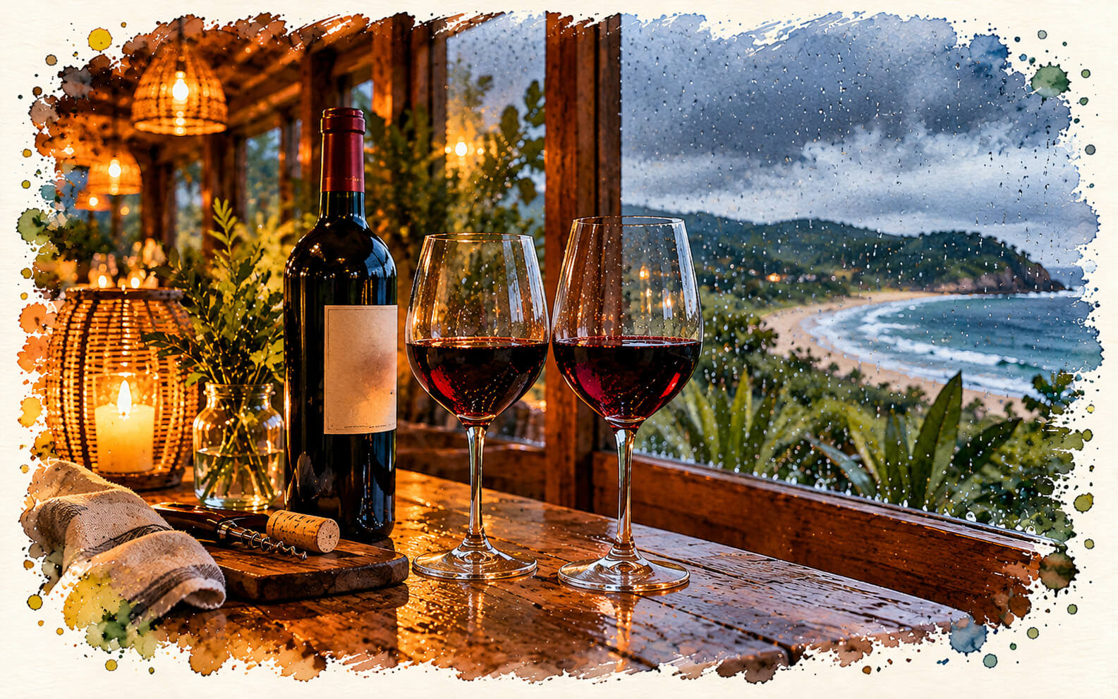 Botella de vino tinto y dos copas en un ambiente acogedor durante un día de lluvia