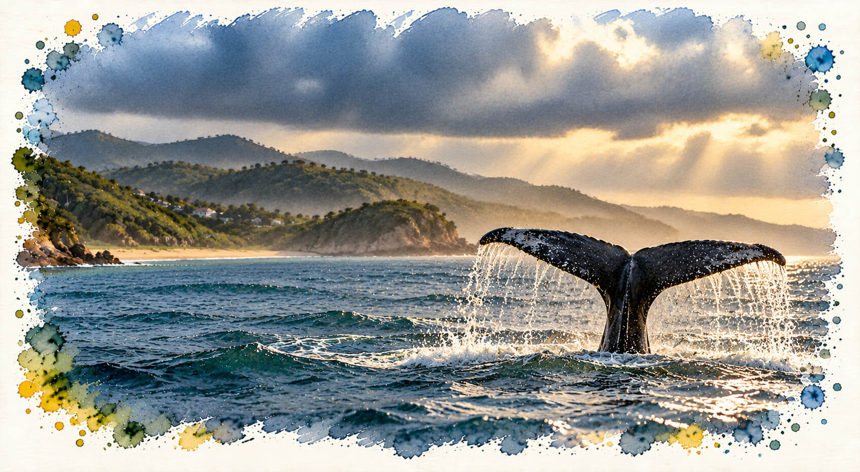 Cola de una ballena emergiendo del mar en un paisaje nublado inspirado en la costa de Praia do Rosa